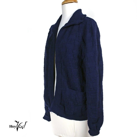 Vintage Deadstock Navy Blue Cardigan Sweater w Collar & Pockets Size L - Hey Viv - Picture 2 of 6
